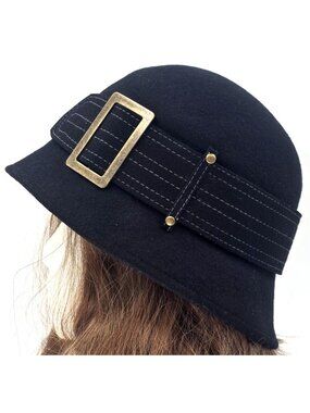 Scala Collezione Black Wool Cloche Hat Handcrafted Brass Buckle Stitching One Sz